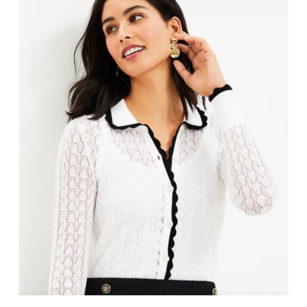 LOFT Scalloped Pointelle Collared Cardigan NEW